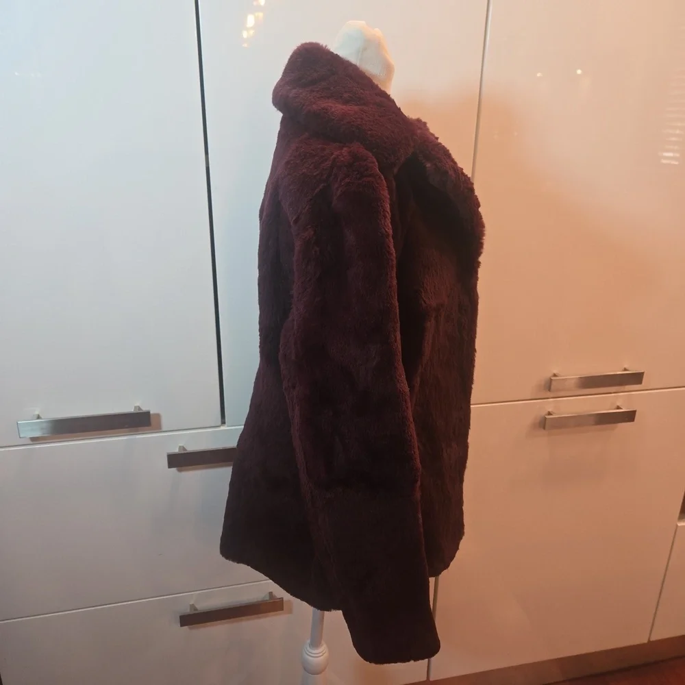 VTG 90s Burgundy Rabbit Fur Retro Pea Coat Womens XS - Picture 3 of 9